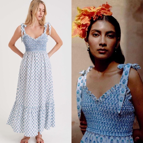 Pink City Prints Dresses & Skirts - PINK CITY PRINTS Mint Meadow Jessica Blue + White Block Print Poplin Maxi Dress